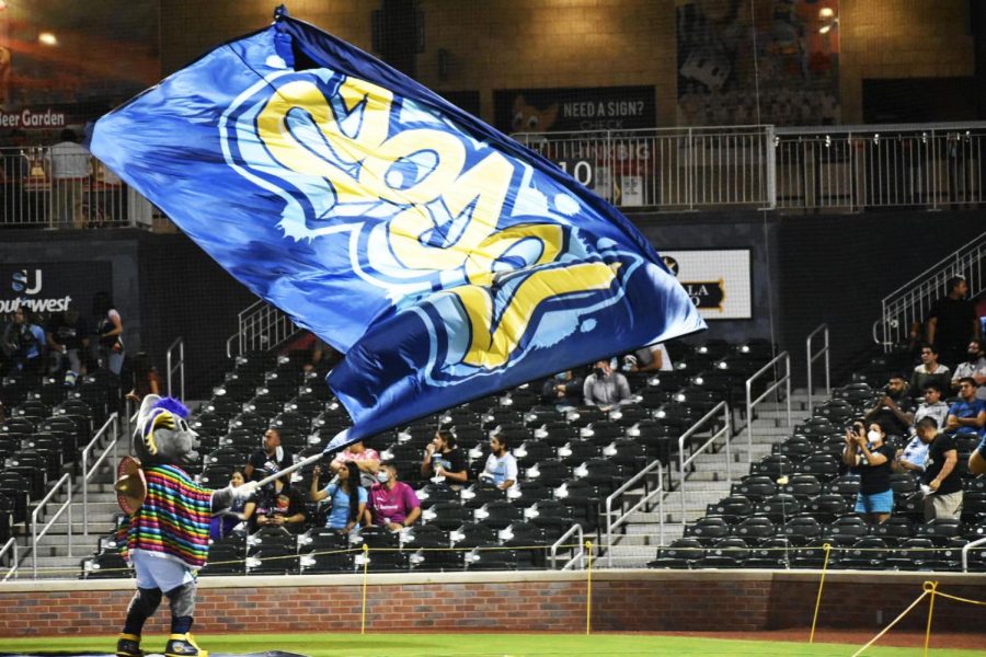 The El Paso Locomotives mascot  Ozzy helps the crowd celebrate a goal versus San Antonio Sept 12.