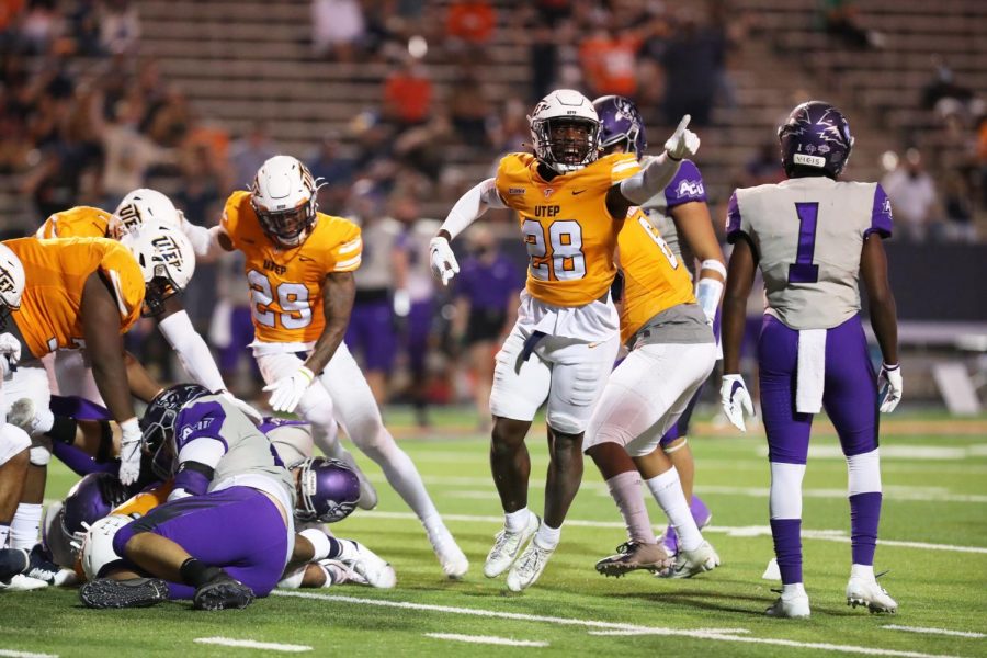 UTEP junior  defensive back Broderick Harrel celebrates after another big play from defense versus Abilene Christian Sept. 19. 