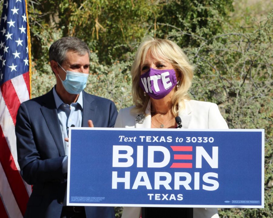 Jill Biden speaks to the people of El Paso outside of UTEP’s Undergraduate Learning Center, as Texas’ early voting period begins on Oct. 13.