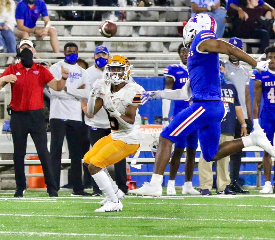 UTEP sophomore wide receiver Jacob Cowing looks in a pass versus Louisiana Tech Oct. 10.