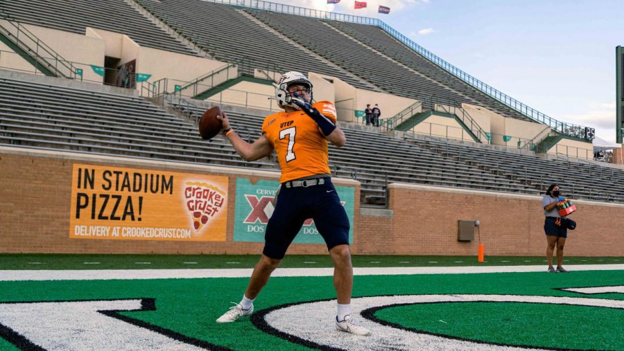 UTEP sophomore quarterback Calvin Brownholtz warms up before his first career start versus North Texas Dec. 12,.
