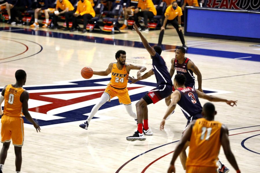 UTEP junior point guard Jaml Bienemy works around a defender against Arizona Dec. 12.