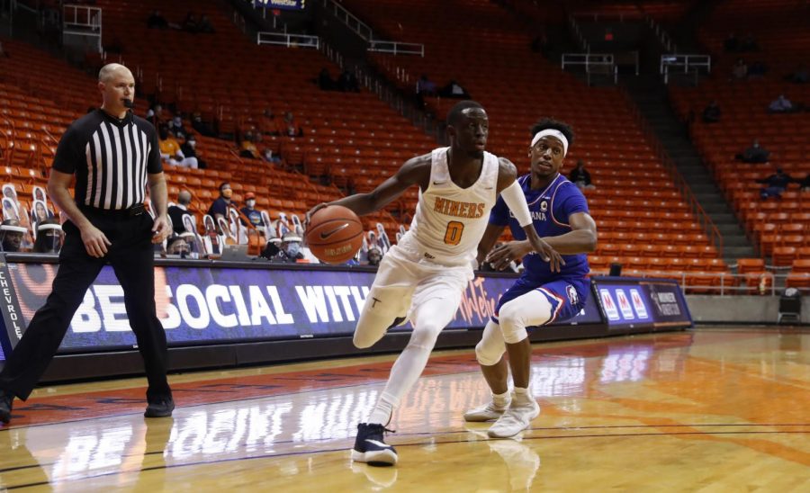 UTEP junior guard,  Souley Boum works his way past a Bulldog defender in a matchup with Louisiana Tech Jan. 22.
