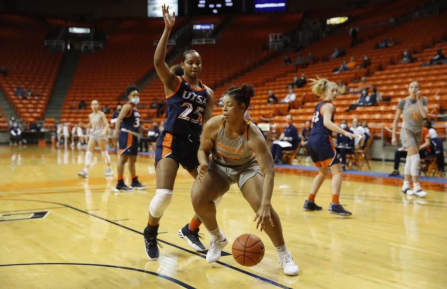 UTEP senior center Michelle Pruitt drives to the paint against a UTSA defender in a win over the Roadrunners Jan. 28.