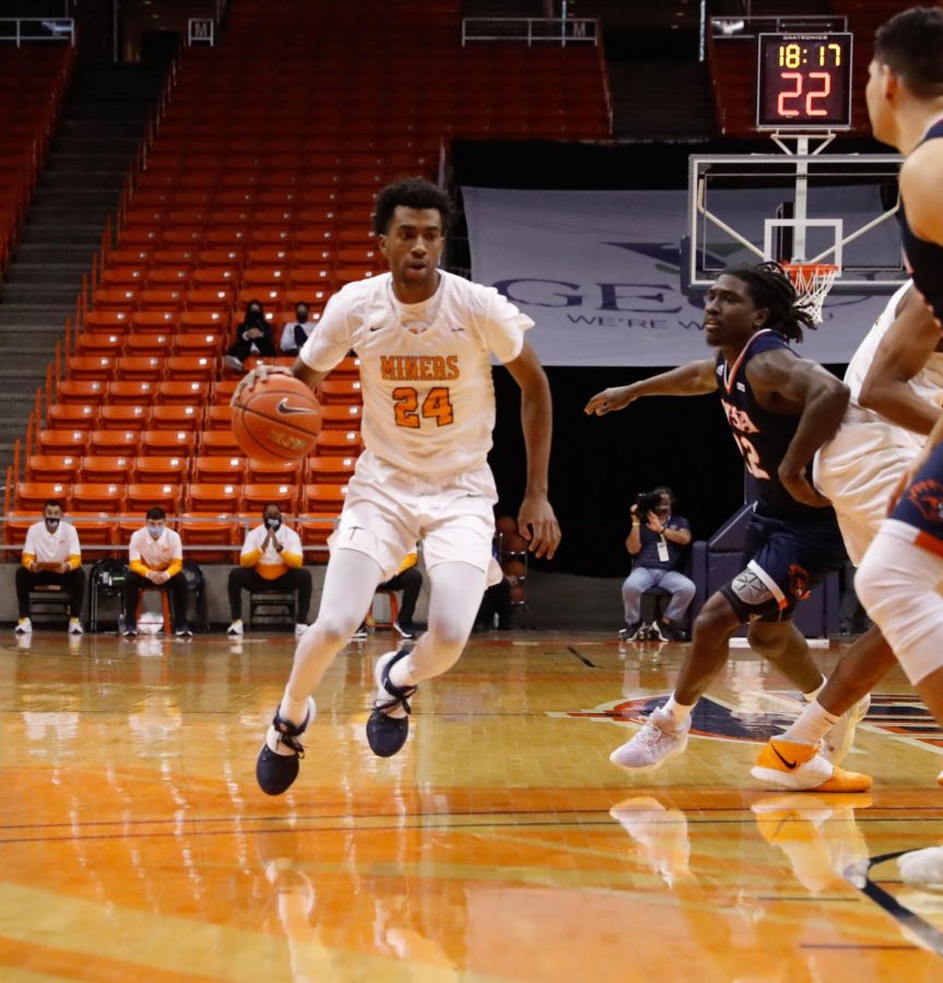 UTEP junior point guard Jamal Bienemy  speeds past a USTA defender against the Roadrunners in a 67-51 win Jan. 30.