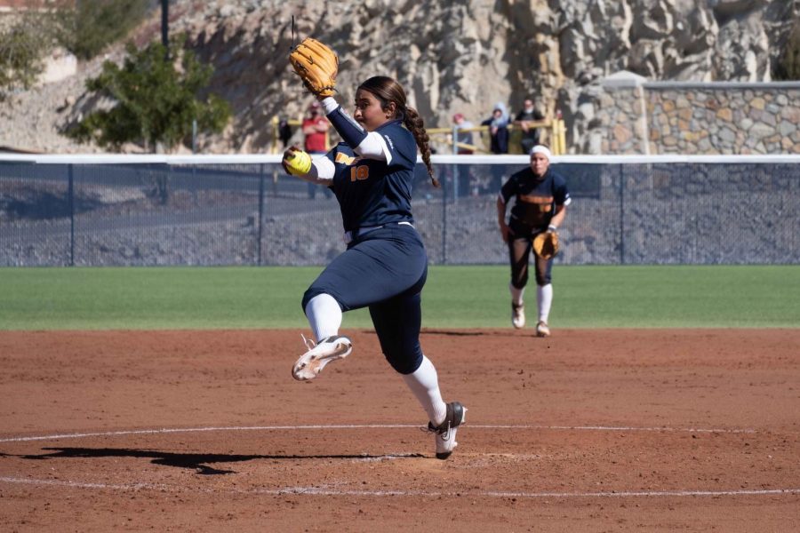 Freshman+pitcher+Victoria+Salazar+throws+the+first+pitch+of+the+season+for+the+UTEP+Miners+in+a+matchup+with+fourth+ranked+Oklahoma+Feb.+11.