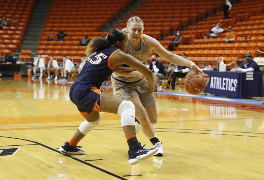 Junior UTEP guard Sabine Lipe  works past  defender against UTSA Jan. 30. 