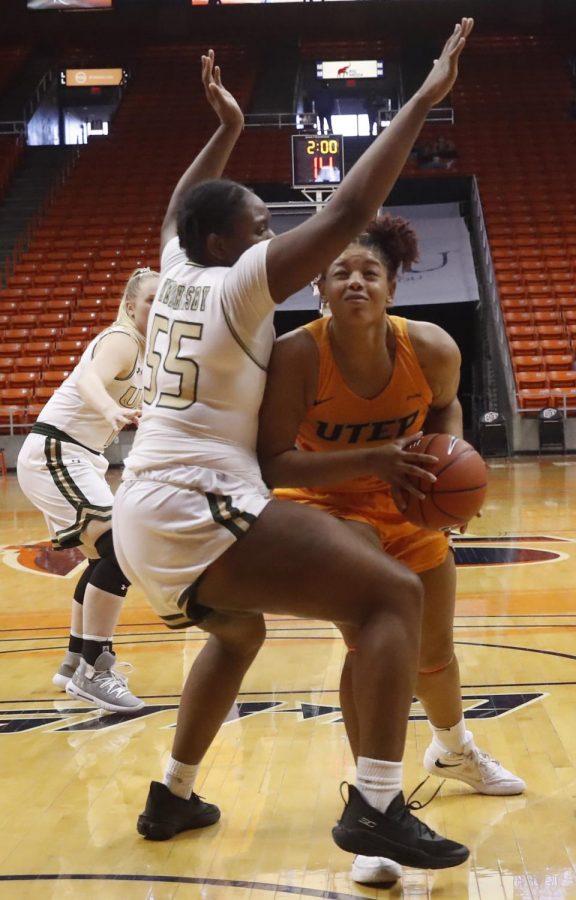 UTEP+senior+center+Michelle+Pruitt+drives+hard+to+the+basket+versus+UAB+Feb.+5.