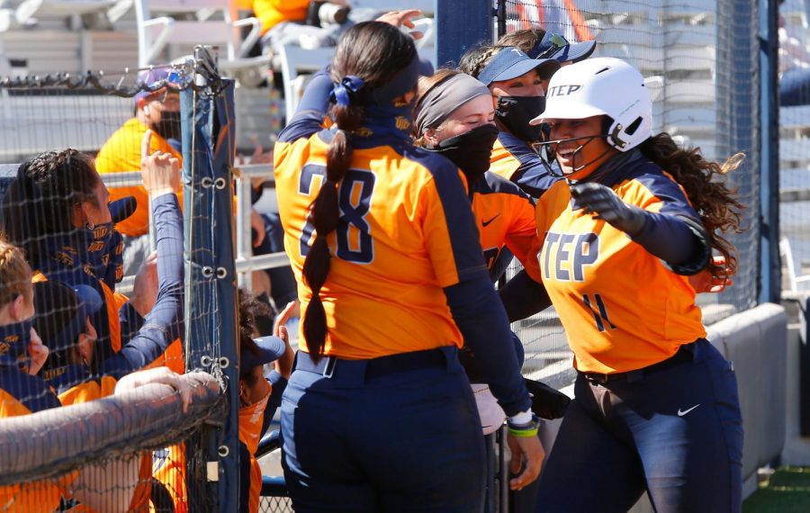 UTEP+softball+team%2C+celebrates+its+first+victory+of+the+season+over+Northern+Colorado+Feb.+19.