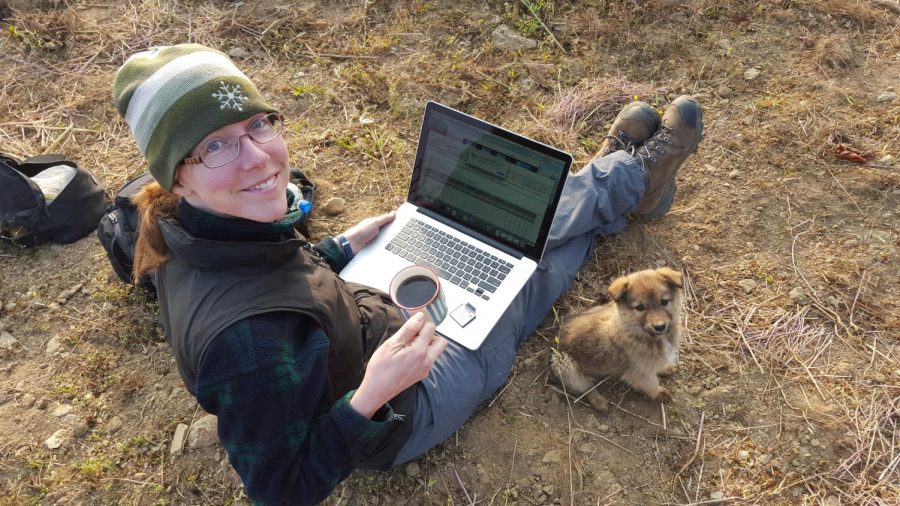 Marianne Karplus downloading data from a seismometer that she deployed in Nepal in Jan 2016. 