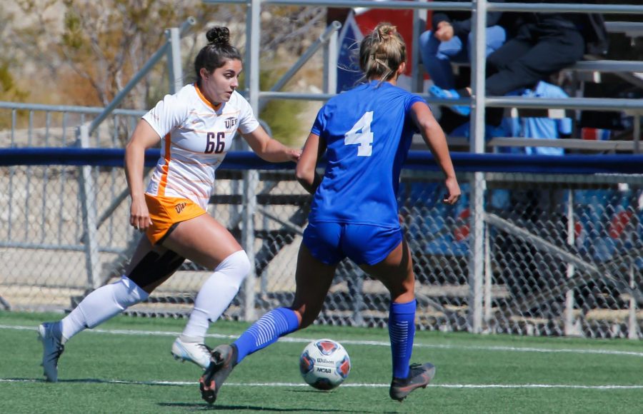 UTEP sophomore Tessa Carlin goes on the offense against a Louisiana Tech defender in a 2-1 overtime win Feb. 28.