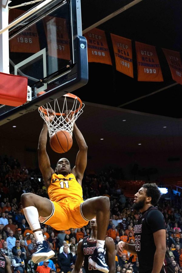 UTEP forward Bryson  Williams slams home a  dunk versus New Mexico  State Nov. 12, 2019.