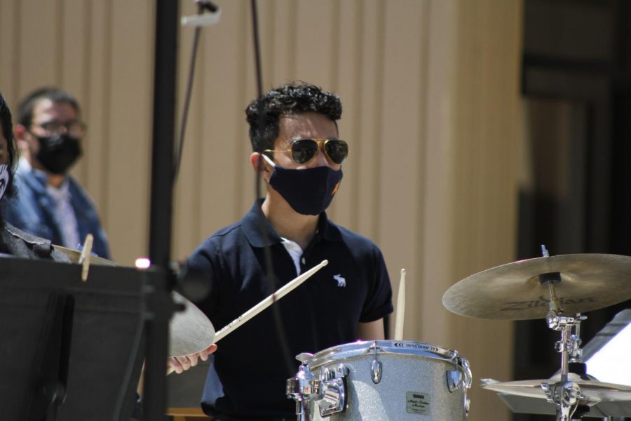Bert Villegas plays the drums with the UTEP Jazz band at the Music On The Plaza on March 9th 2021 at the UTEP Fox Fine Arts center
