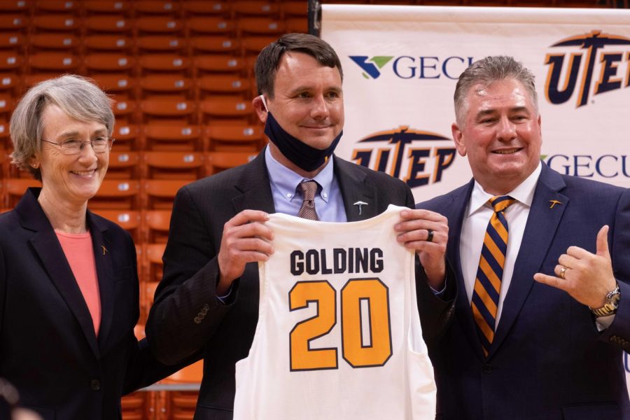 New UTEP Head Coach Joe Golding is introduced by Athletics Director Jim Senter and UTEP President Heather Wilson as the 20th coach in Miner history. April 14, 2021.