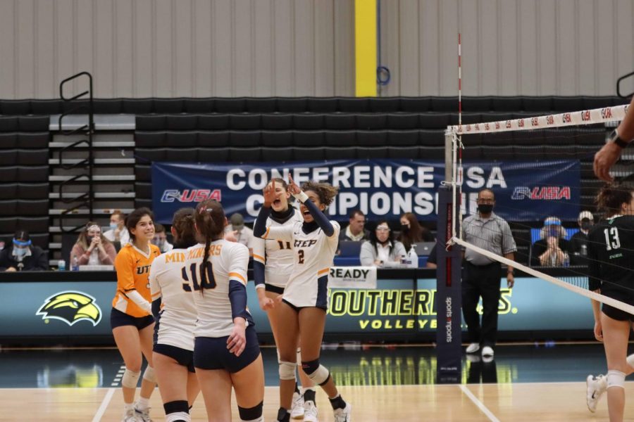 UTEP volleyball celebrates its first Conference-USA tournament victory in a decade over Marshall, April 1. 