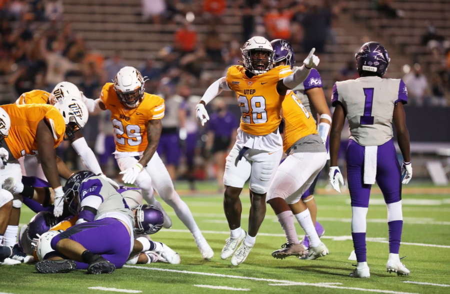  UTEP defensive back Broderick Harrel celebrates a defensive stop versus Abilene Christian Sept. 19, 2020. 