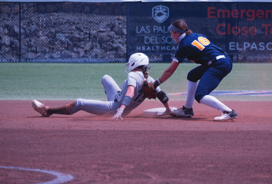 UTEP junior Pate Cathey just misses a putout on a close play at second base versus Utah Valley May 2, 2021. 