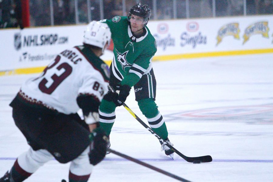 Jacob Peterson, a Center for the Dallas Stars makes a pass against the Arizona Coyotes on October 3, 2021 