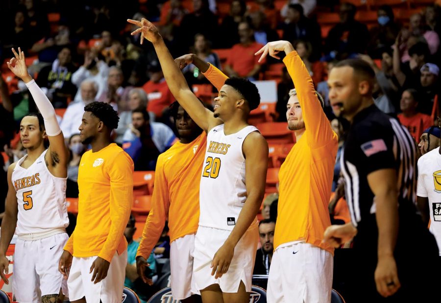 UTEP players cheer on the sideline during the second half of the game against WNMU on Nov. 9