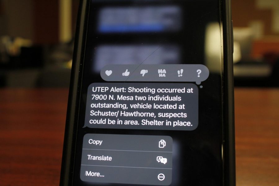 Initial Miner Alert notifying students of shooting suspects near campus on Oct. 29, 2021.