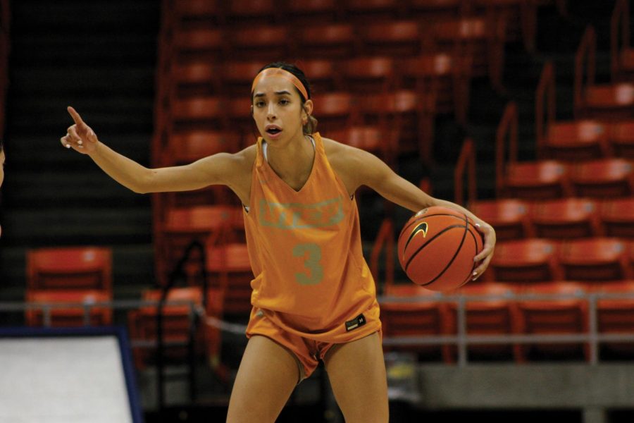 Guard Kathia Gallegos calls out a play during practice on Oct. 28.