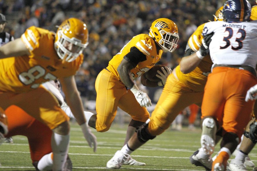 Freshman running back Deion Hankins runs the ball against UTSA on Nov. 6, 2021, at the Sun Bowl 