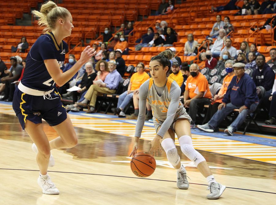 Guard Katia Gallegos dribbles past a NAU defender on Nov. 20, 2021, at the Don Haskins center.
Photo by: Ruben R. Ramirez 