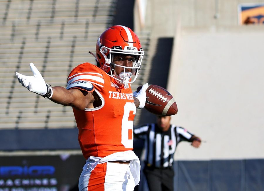 Sophomore wide receiver Jacob Cowing catches a pass against LA Tech Oct. 16, 2021, at the Sun Bowl against Rice University.