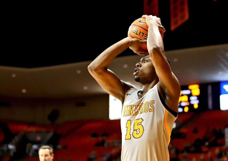 Alfred Hollins aims to make a basket at the UTSA game Jan. 20 at the Don Haskins Center.  