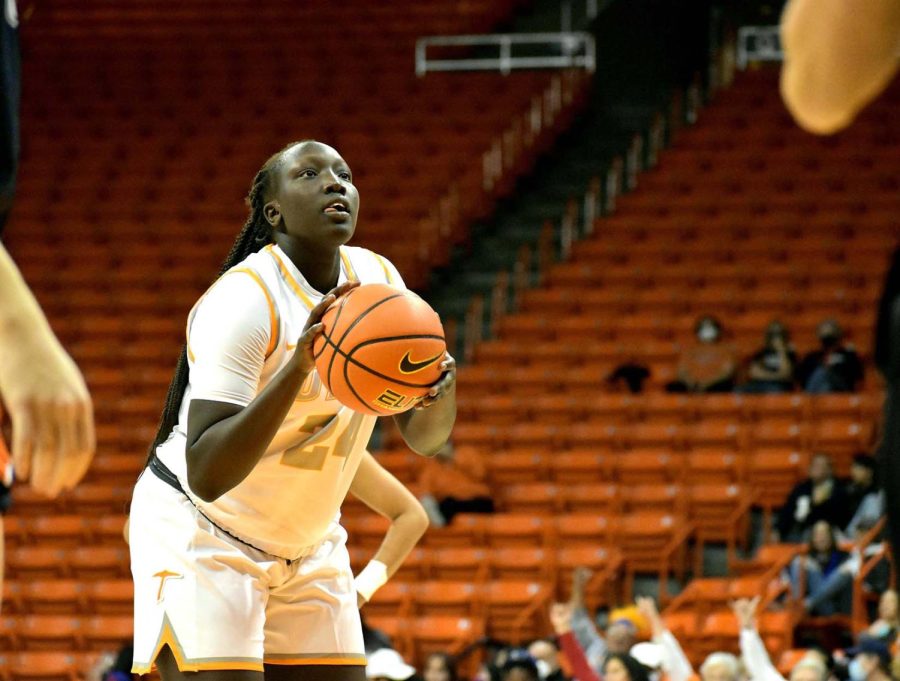 Adhel Tac concentrates before a free throw during the Jan. 23 game against UTSA at the Don Haskins Center.