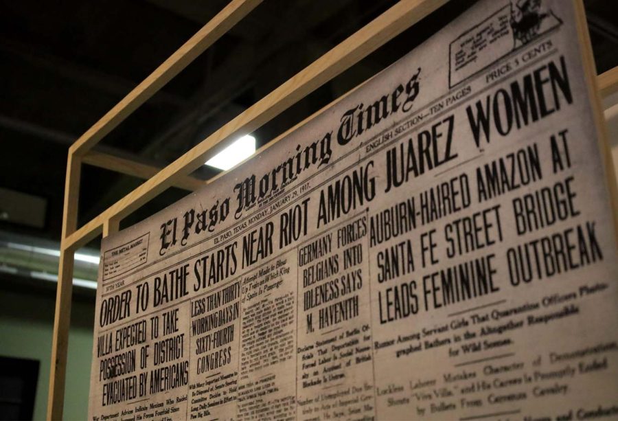 Part of the “Migratory” displays a clipping from the “El Paso Morning Times. The description states “In 1917, Carmelita Torres led a revolt against the gassing of Mexicans crossing here.”  