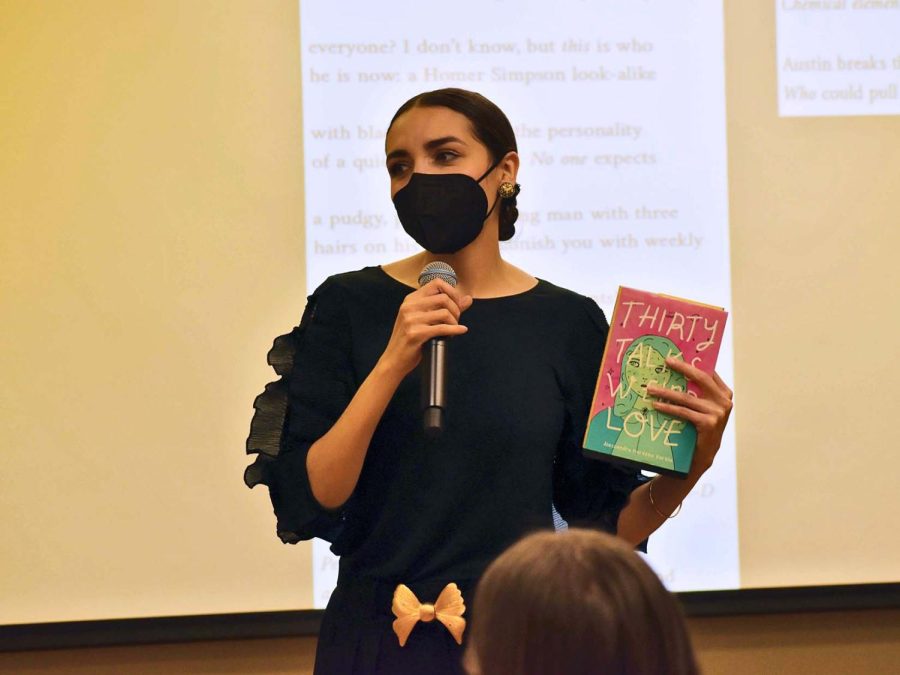 Alessandra Narvaez answers questions from students at the book reading of Thirty Talks Weird Love on Wednesday Jan. 26 at University Suite.  
