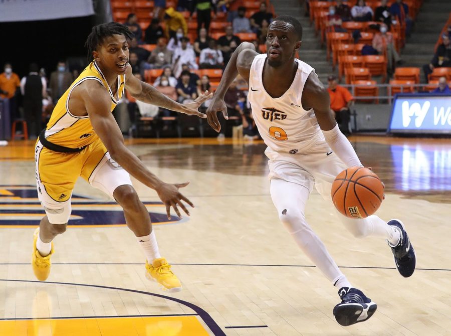 Guard Souley Boum plays offense against North Texas at the UNT Coliseum Feb. 7, scoring a game-high of 20 points.  