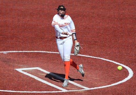 Freshman pitcher Aalijah Alarcon pitches against Middle Tennesse University at the Helen of Troy softball complex. Photo courtesy of Ruben R. Ramirez.