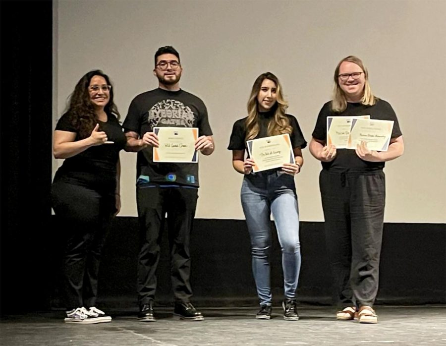 UTEP’s Student Engagement and Leadership Center (SELC) hosted the first student film festival April 9 at the Union Cinema. The winners included (from left to right) Edgar Alvarez for the Miners Choice Award, Fernanda Ponce for Best Storytelling, and Martin Renova for Best Cinematography and Overall Best Picture. Photo courtesy of UTEP’s Student Engagement and Leadership Center.