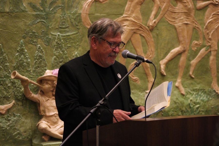 Writer+and+former+UTEP+professor+Benjamin+Alire+Saenz+speaks+to+the+attendees%2C+sharing+his+story+as+a+writer+and+the+impact+his+readers+had+on+him%2C+April+20.++