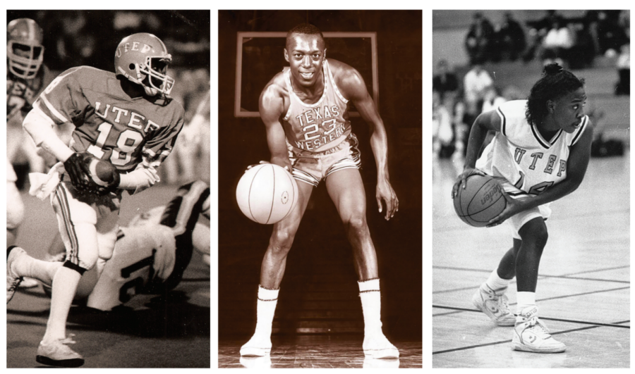 LEFT TO RIGHT: In the ’80s, football uniforms included a white line across the sleeve and three lines running down the pants, while their helmets included “UTEP” spelled out.
Men’s Basketball uniforms in 1966 included the words “Texas Western” spelled out on the front and had shorter shorts than today. Women’s basketball uniforms included a wider
sleeve with a blue line above them along with a high V-neck cut with stripes along the neck. Photos courtesy of the UTEP Athletics Department.