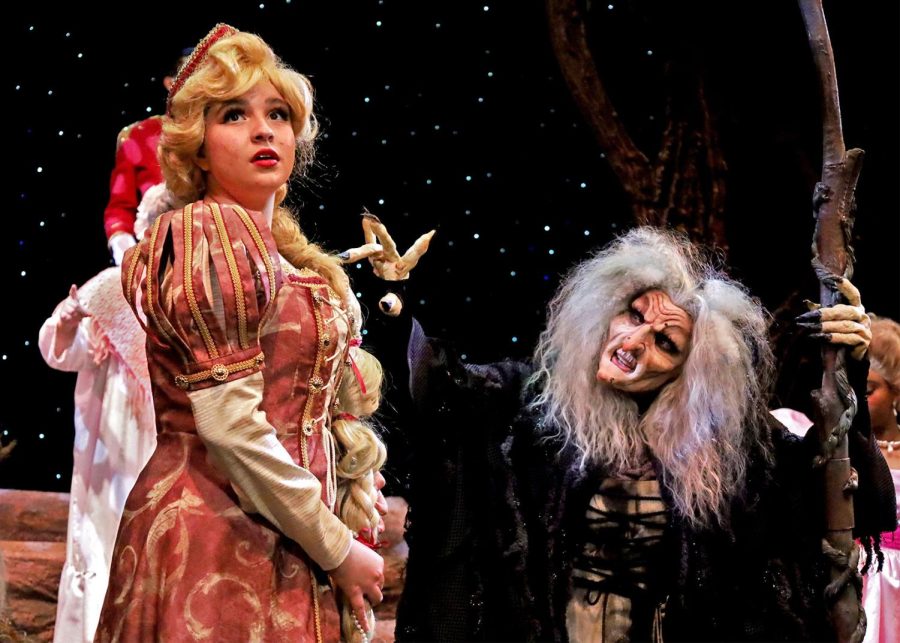 Jacqueline Arellano and Josey Pickett act as Rapunzel and the Witch for “Into the Woods” April 11 at the UTEP Dinner Theater, inside Union Bldg. West, Room 207.