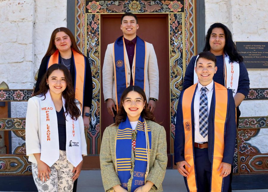 Six of UTEP Top Ten seniors pose in fromt of the Lhakhang building. From left to right (top row) Andrea Cecilia Herrera Aguirre, Maximo Gamez, Jordan Seth Dominguez (bottom row) Paola Garcia Hernandez, Anahy Yose-lin Diaz, Adam Campos.