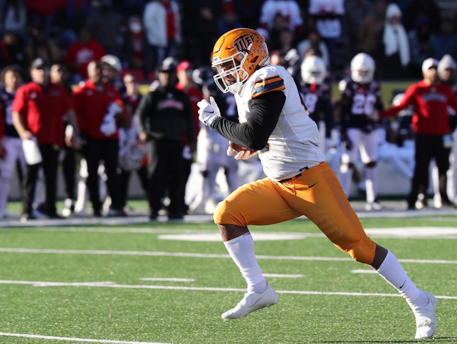 Senior accounting major and UTEP tight end Trent Thompson has been playing football since he was eight years old and was UTEP’s primary tight end target in the 2021 season. Photo courtesy of UTEP Athletics.