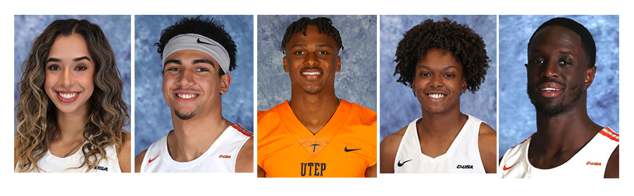 From left to right: sophmore guard Katia Gallegos, junior forward Tydus Verhoeven, sophomore wide receiver Jacob Cowing, junior guard Destiny Thurman, junior guard Souley Boum. Photos courtesy of UTEP Athletics.