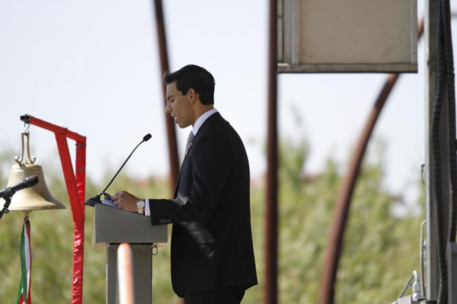 President of Vision Mexico, Horacio Estavillo, speaks at the annual El Grito ceremony Sep. 15 at Centennial Plaza in the center of the UTEP campus.  
