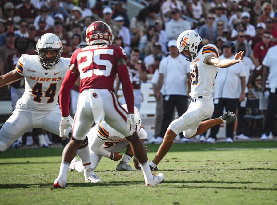 Senior kicked Gavin Baechele kicks a 54-yard field goal, a career-high, in the 13-45 loss to the Oklahoma Sooners Sept. 3 in Norman, Oklahoma. Photo courtesy of UTEP Athletics. 