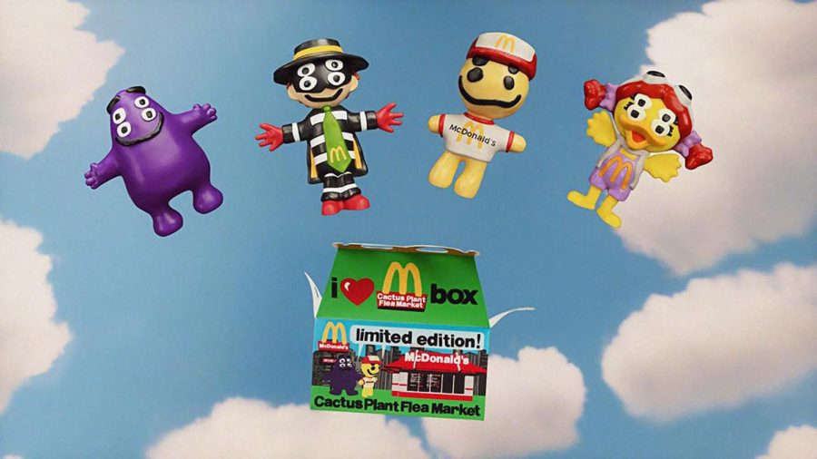 The Cactus Plant Flea Market has collaborated with McDonald’s to bring nostalgia into adult meals. Adult meals come with either 10-piece Chicken McNuggets or a Big Mac, both coming with fries, a drink, and one of four of their figures including the Hamburglar, Grimace, Birdie, and Cactus Buddy. Photo courtesy of McDonald’s 