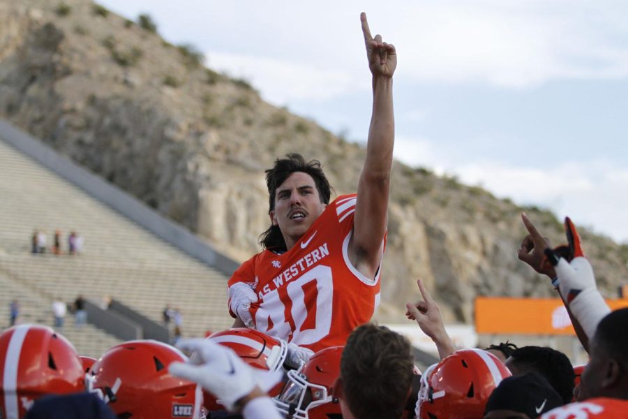 Kicker+Gavin+Baechle+celebrates+with+his+team+after+kicking+the+game+winning+field+goal.+Baechle+set+a+UTEP+record+for+51+consecutive+field+goals+made.+++