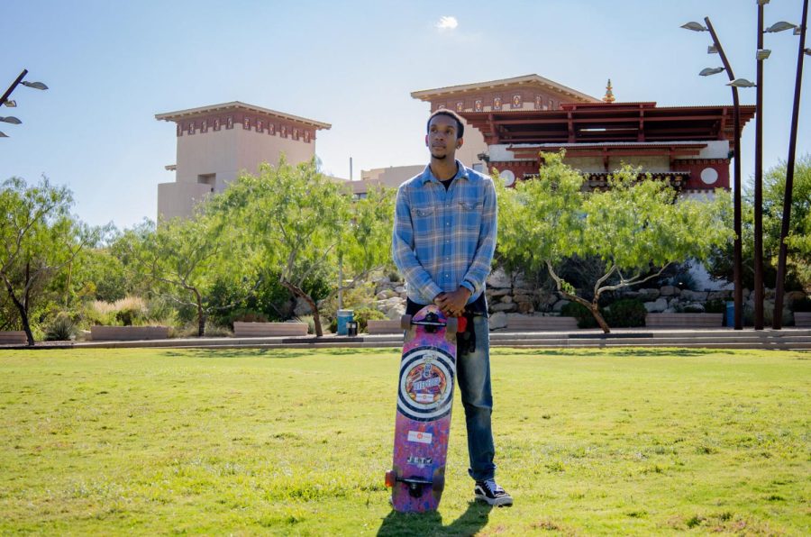 University 1301 Lecturer Steven Brown learned to skate when he was 11 and says trial and error on the skateboard is therapeutic to him. 