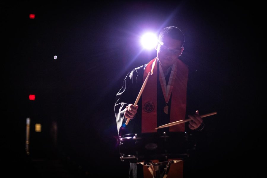 Senior percussionist Eric Esquivel prepares to graduate with a bachelor’s degree in music education.