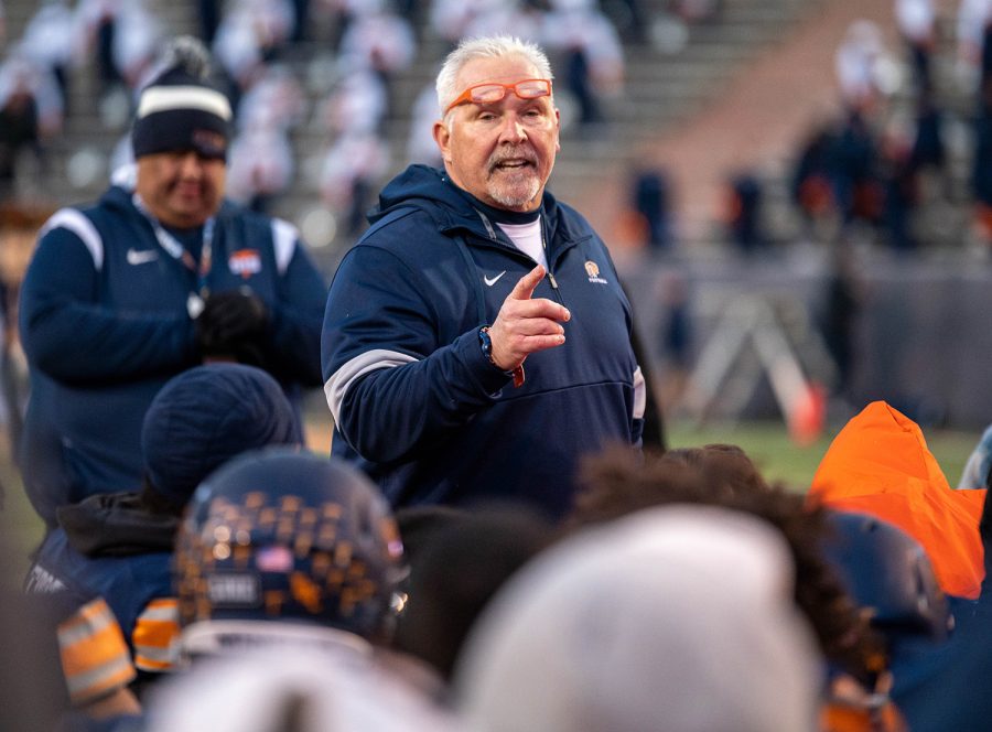 Head Coach Dana Dimel, speaks to the team after the conclusion of the game against FIU Nov. 19.  