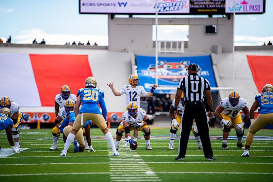 Pitt senior quarterback Nick Patti calls audible against the UCLA defense at the 2022 Tony the Tiger Sun Bowl Dec. 30, 2022.