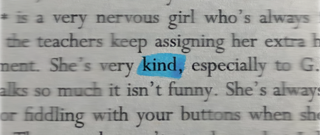 The+word+%E2%80%9Ckind%E2%80%9D+is+the+sole+focus+of+the+text%2C+signifying+it+is+the+main+idea+of+the+story.+Photo+by+Yoali+Rodriguez.+